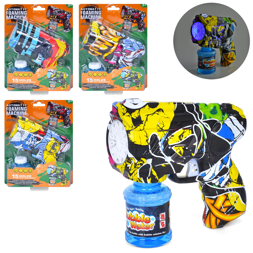 Мильні бульбашки YD6702A пістолет/бластер, запаска, мікс видів, світло, бат.,лист,19,25,5-5,5см.