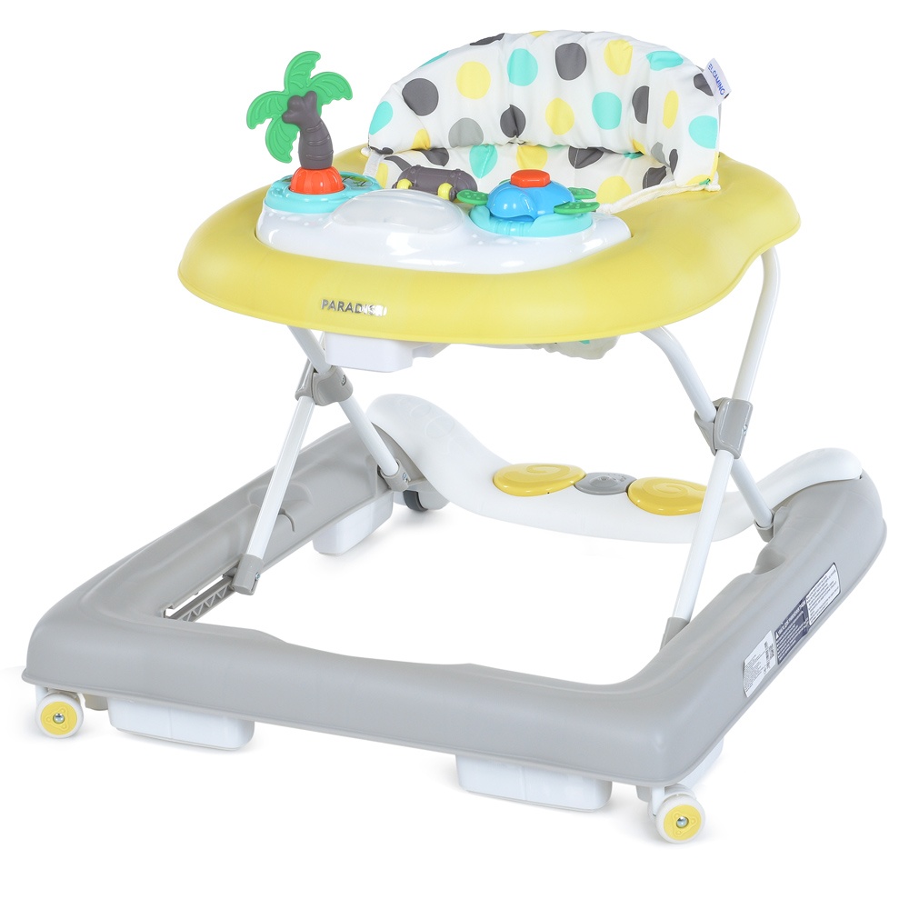 Ходунки ME 1103 PARADISE Yellow 3в1 муз.панель для ніг, пушер, кол.4шт.,муз.,світло,бат.,сiро-жовтий