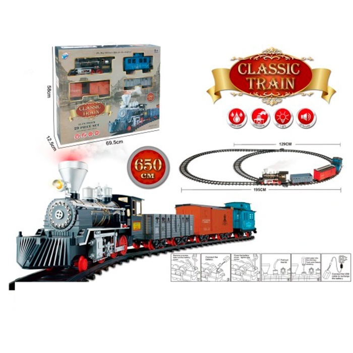 Залізниця YY-518 локомотив, пара/дим, вагони 3шт., акум., USB, 29дет., муз.,світло,кор., 69-58-12см.