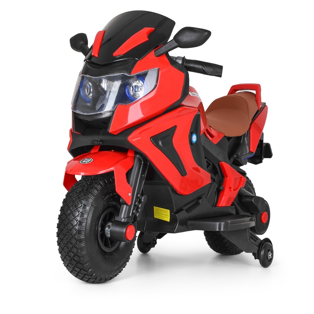 Мотоцикл M 3681AL-3 2 мот.18W, 12V7A, ручка газу, гум. колеса, USB, муз., шкір. сид., червоний.