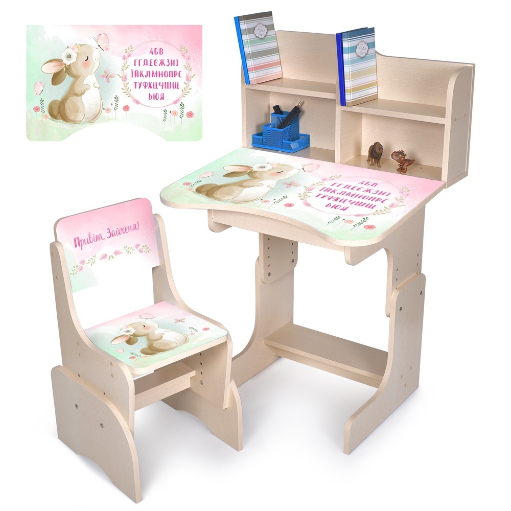 Парта N 2071-15-2 зі стільчиком,69,5х44,5,регул.висота 56,5/67,5,привіт зайченя,укр.абетка,венге св.