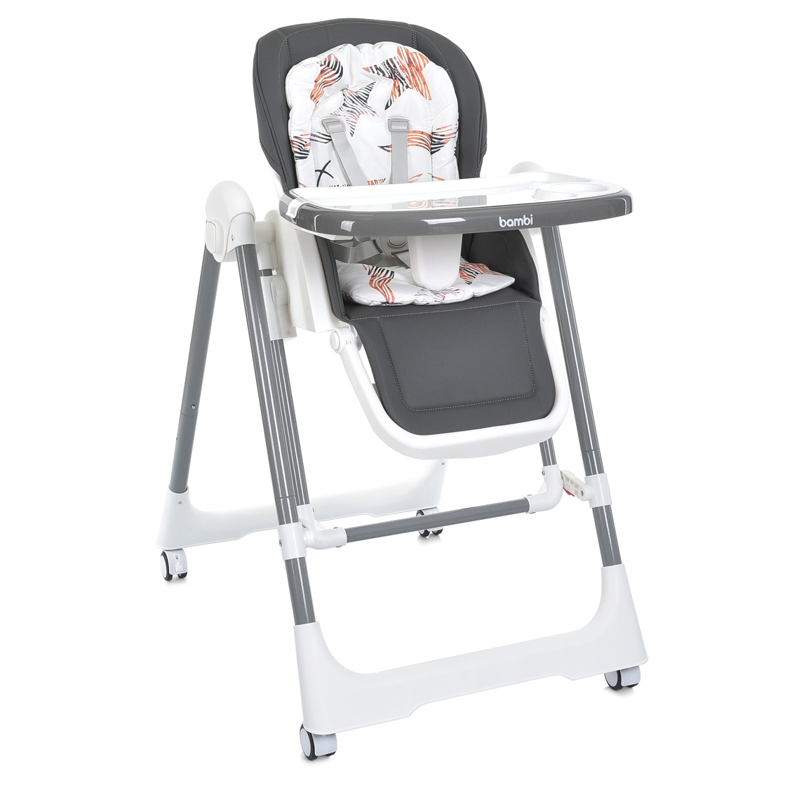 Стільчик M 5897 Gray для годування 2в1 з механичним заколисуванням,5-ти точ.,матрац,екошкiра,сірий