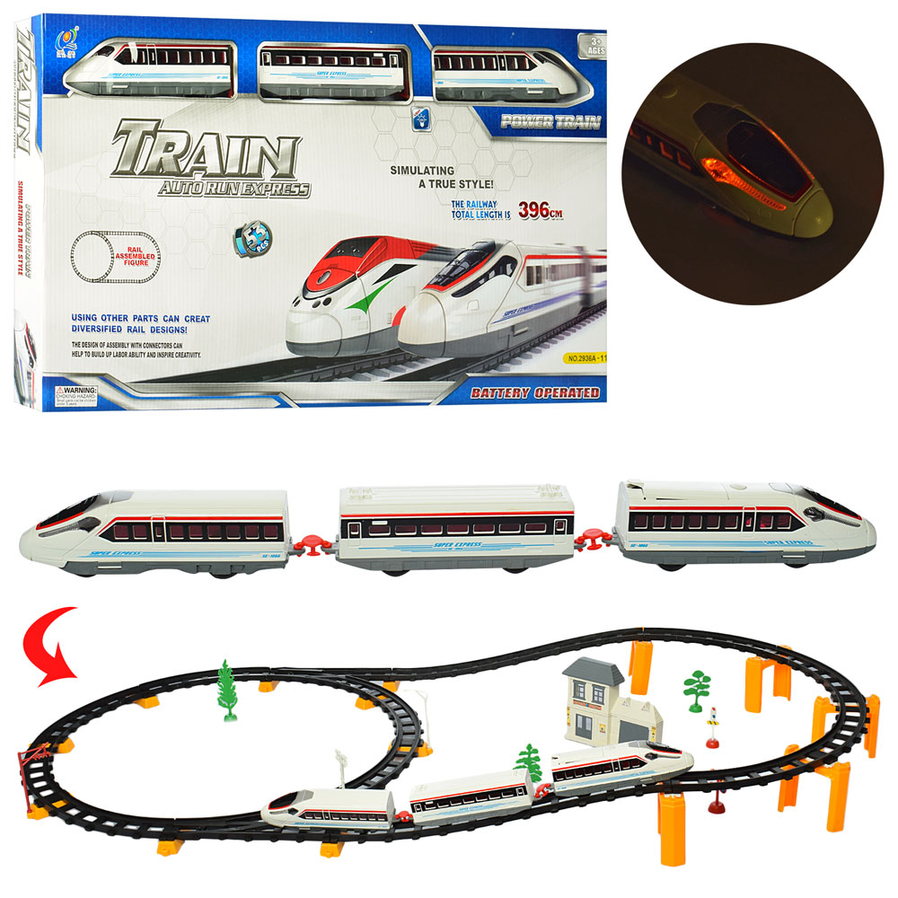 Залізниця 2936A-11 396 см., локомотив 2 шт., вагон, будівля, дерева, світло, бат., кор., 60-34-5 см.