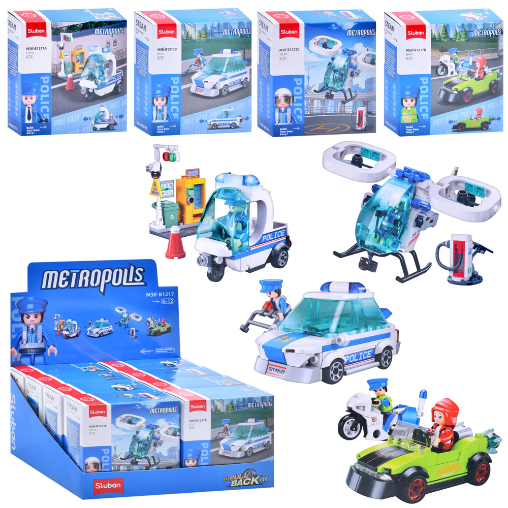 Конструктор SLUBAN M38-B1217 поліція,транспорт,від 97дет,4 види, 8шт. в диспл., кор.,30-15,5-25,5см.