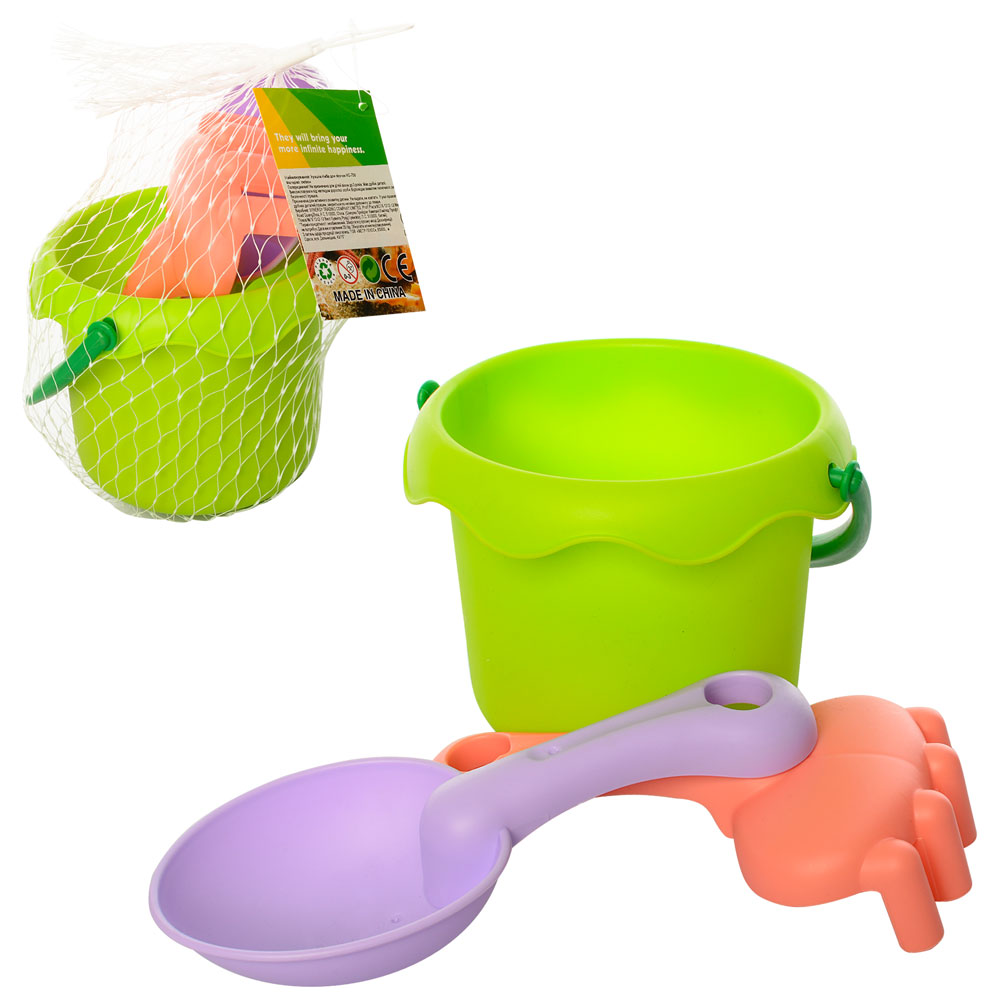 Набір для пісочниці HG-750 відерце, лопатка, граблі, м'який, сітка, 18-12-11 см.
