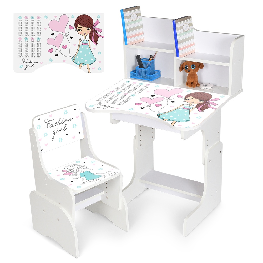 Парта N 2071-8-1 зі стільчиком, регул. висота, дівчина, таблиця множення, білий