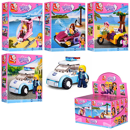 Конструктор SLUBAN M38-B0600 "Рожева мрія": транспорт, фігурки, 67 дет., 8 шт. в диспл. (4 види)