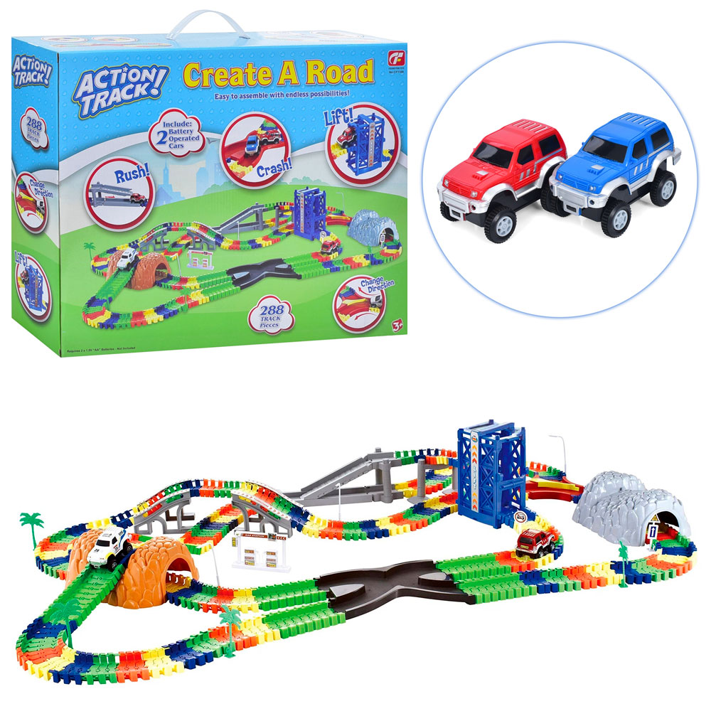 Трек CF1108 288 предметів, машинки 2шт., мости, дерева,знаки, бат., кор., 40-50-12 см.