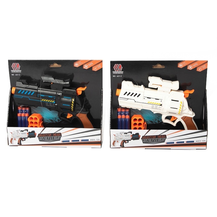 Пістолет 6012A приціл, м'які кулі 6 шт. (присоски 3 шт.), 2 кольори, кор., 30,5-27,5-6,5 см.