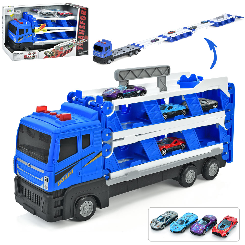 Трейлер D663-T204B інерц., машинка 4 шт., рухомі деталі, муз., світло, бат.(таб.),кор.,41-23-12см.