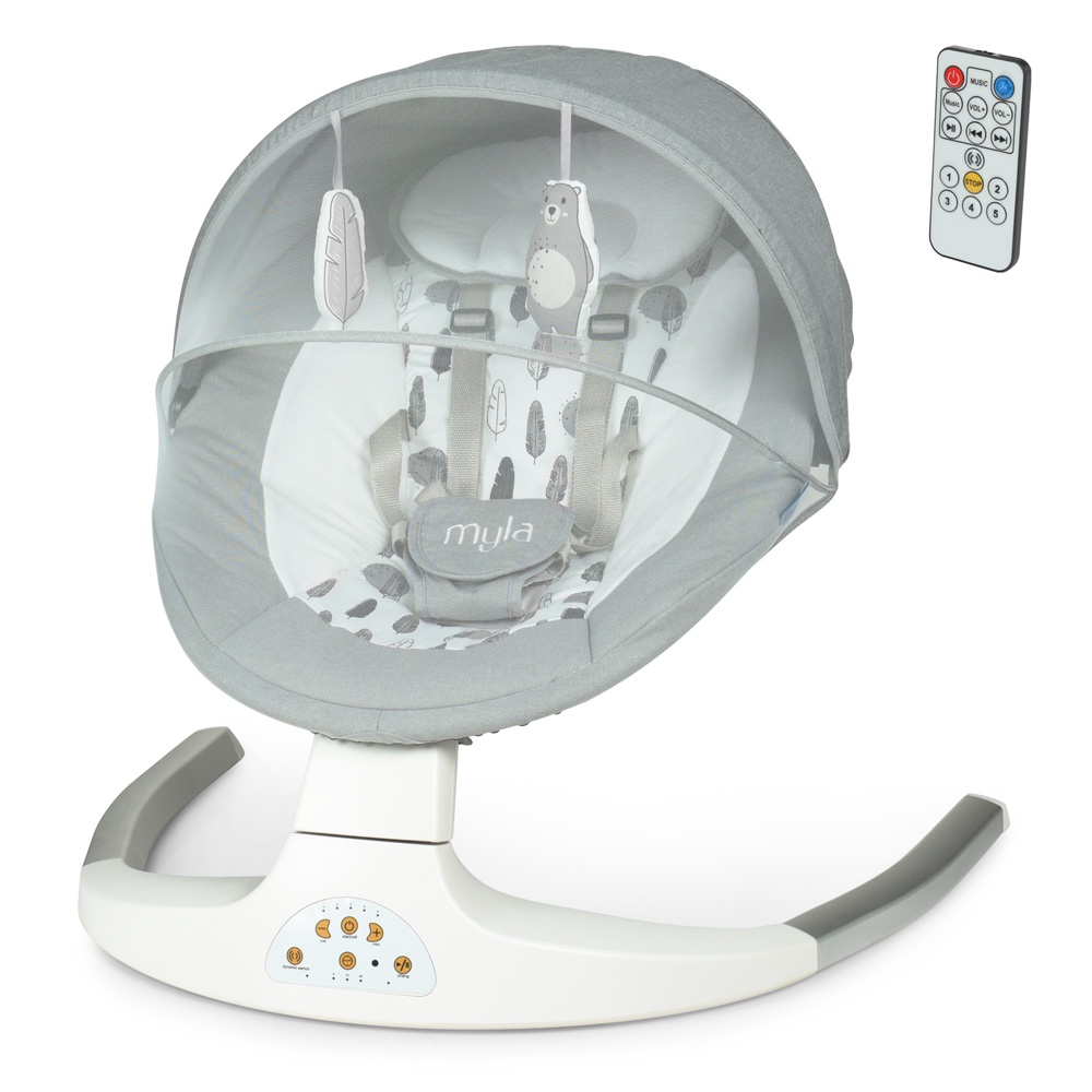 Центр-гойдалка ME 1074 MYLA Soft Gray пульт,5 швид.,таймер,12 мелод.,Bluetooth,USB,2 полож.,сірий.
