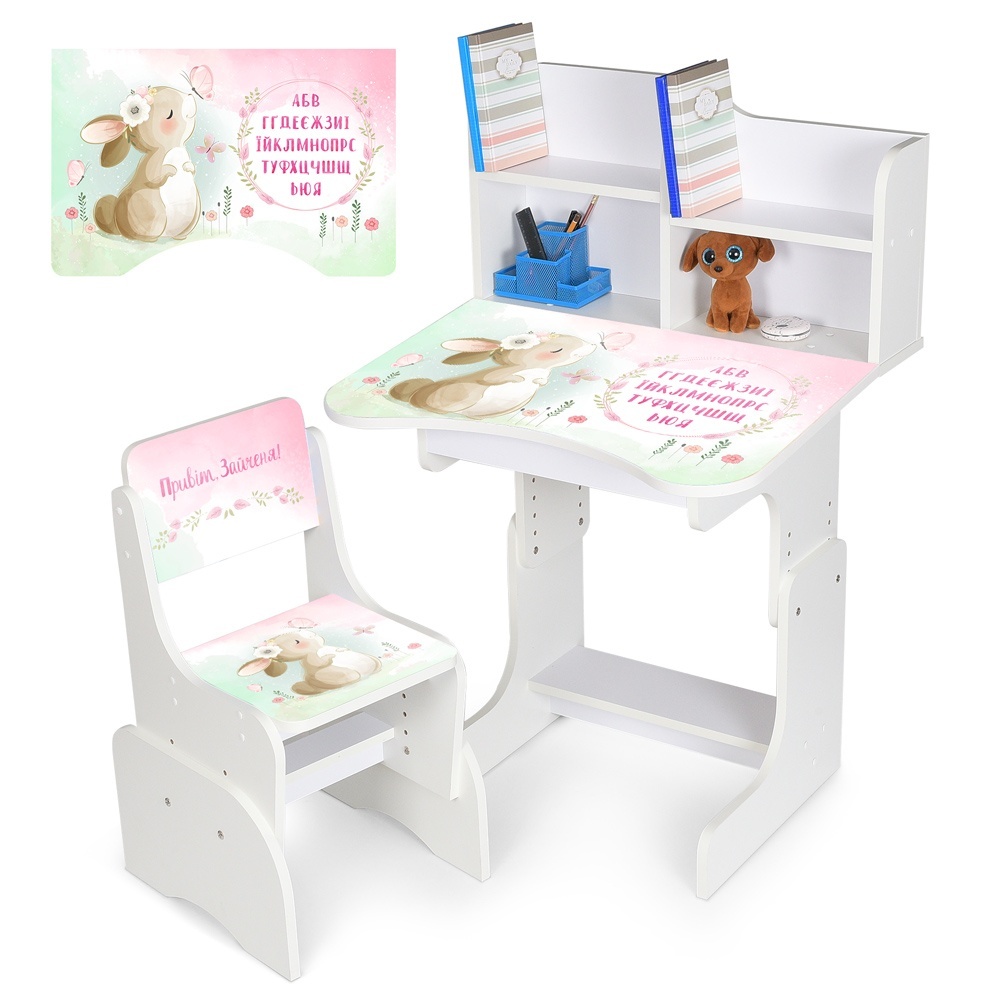 Парта N 2071-15-1 зі стільчиком,69,5х44,5см,регул.висота 56,5/67,5см,привіт зайченя,укр.абетка,білий