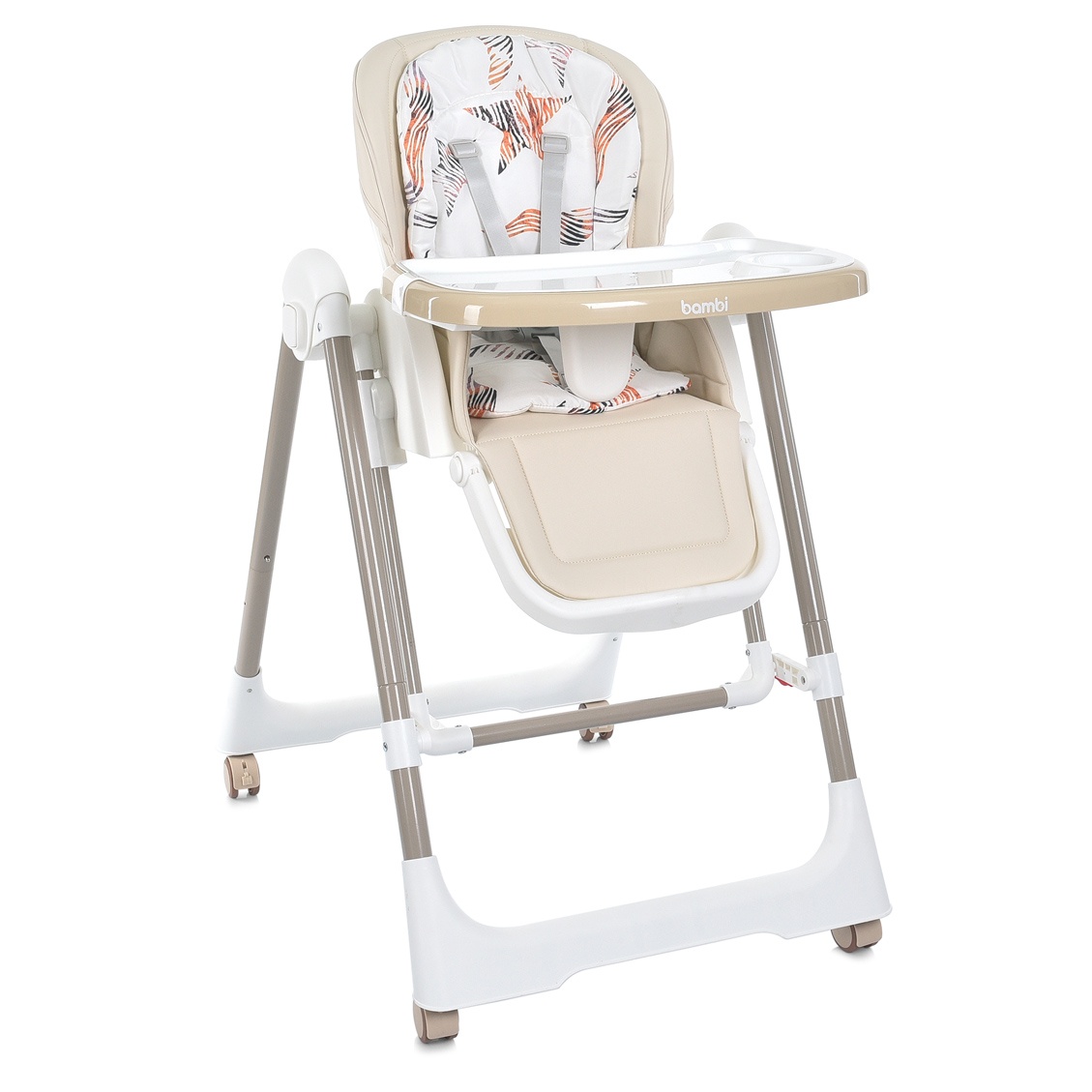Стільчик M 5897 Beige для годування 2в1 з механичн.заколисуванням,5-ти точ.,матрац,екошкiра,бежевий