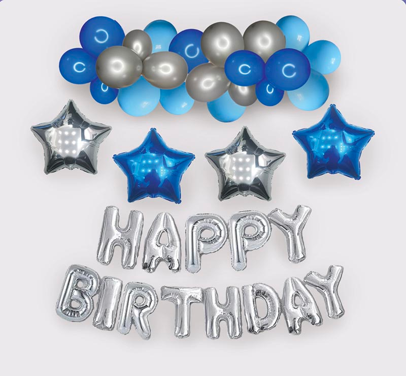 Арка-гірлянда з повітряних куль з написом "Happy Birthday" блакитна зі сріблом
