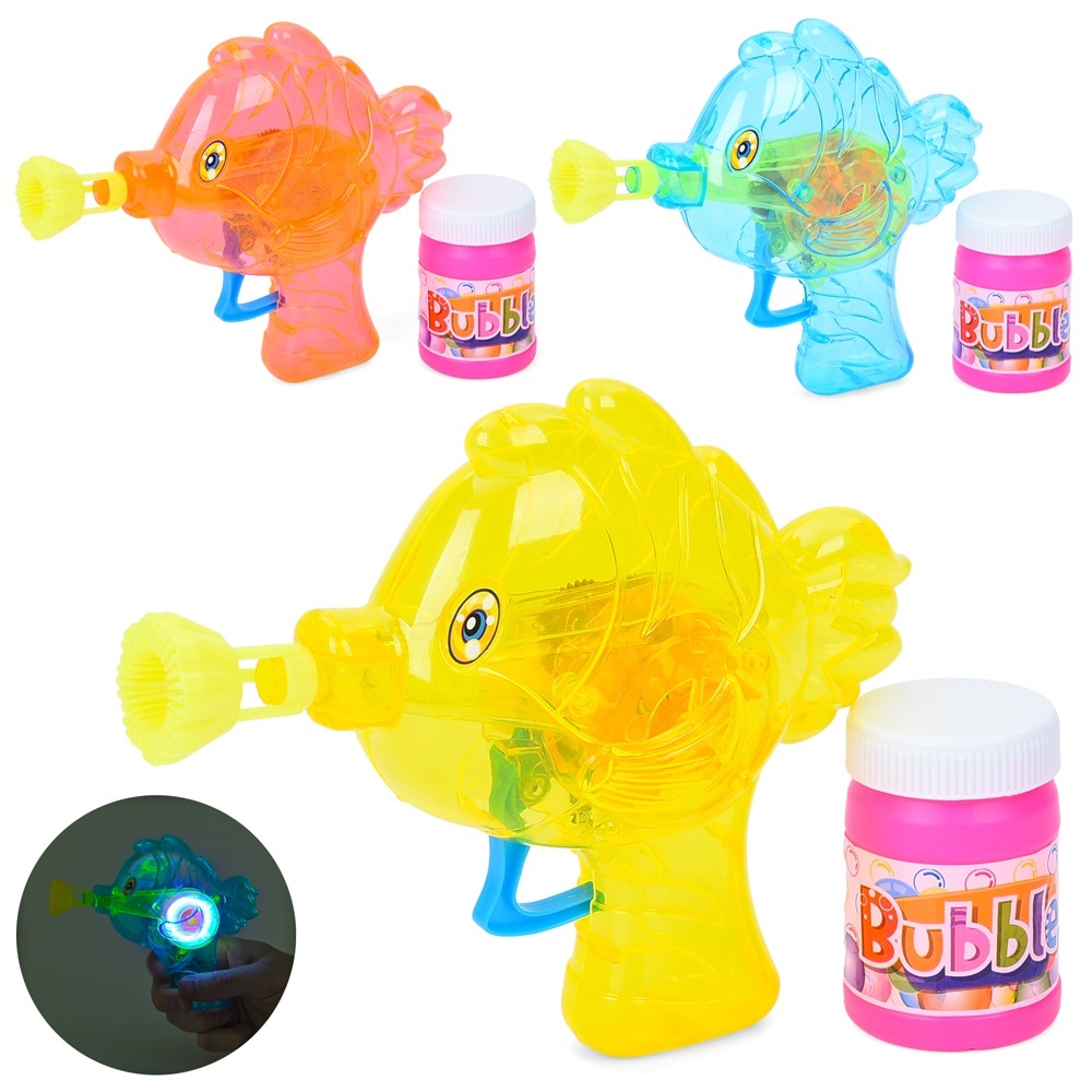 Мильні бульбашки 4837 пістолет-рибка, світло, запаска, 3 кольори, бат.(табл), кул., 17,5-19-4 см.