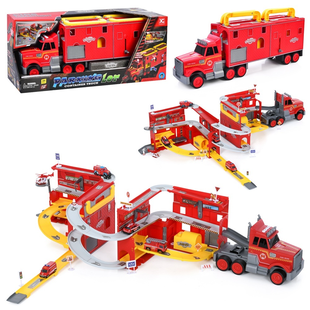 Гараж XG879-121 2в1 (трейлер), транспорт,1:64, дорож.знаки,муз.,світло,бат.(табл.),кор.,61-26-18,5см