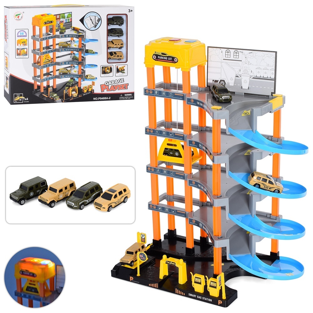Гараж P9488A-2 5 поверхів, ліфт, машинки 4 шт., світло, бат., кор., 48-36-9,5 см.