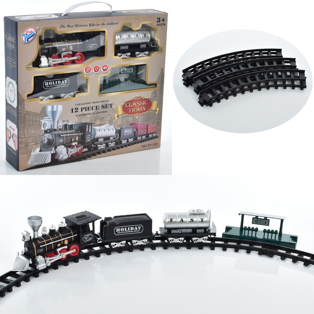 Залізниця YY-522 88-88см.,локомотив,вагон 2шт.,станція,2 види,дим,муз.,світло,бат.,кор.,38-33,5-8см