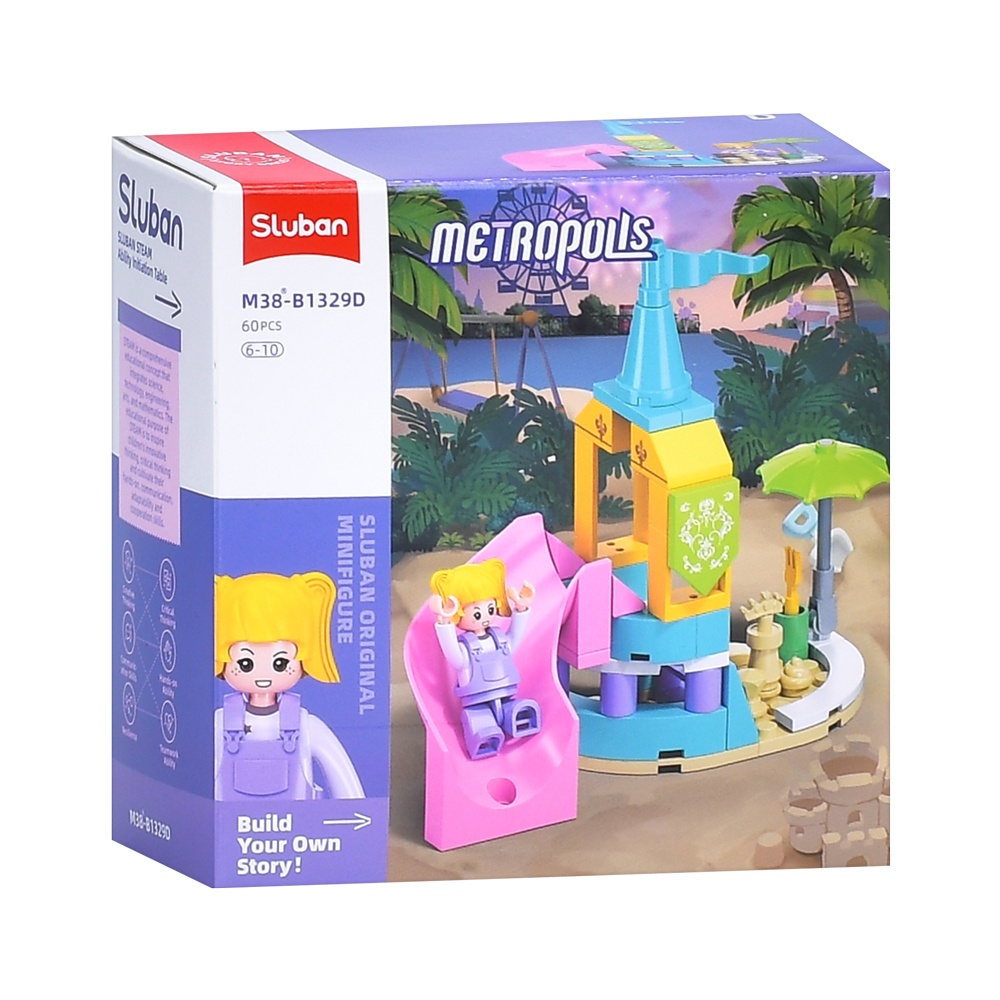Конструктор SLUBAN M38-B1329D рожева серія, парк розваг, гірка, фігурка, 60 дет., кор., 12-12-6 см.