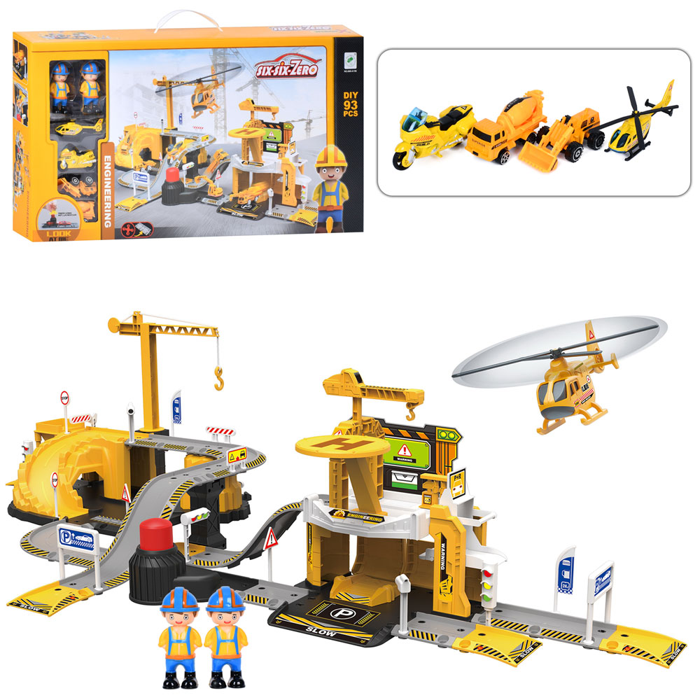 Гараж 660-A198 будмайданчик, 2 поверхи, гелікоптер/машинки-мет., фігурки, 93 дет., кор.,65,5-35-10см