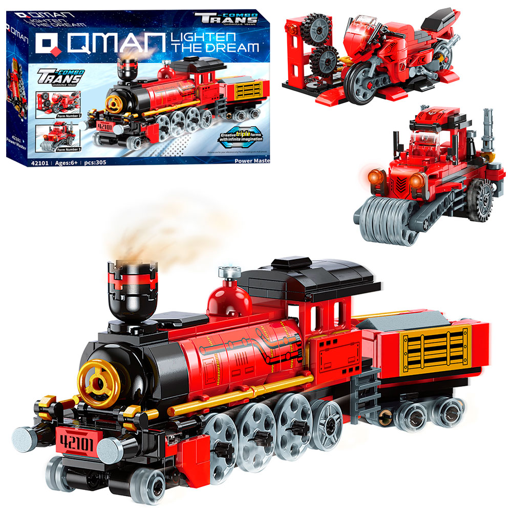 Конструктор Qman 42101 "Trans Collector" Поїзд, будтехніка, мотоцикл 3в1, 305 дет.
