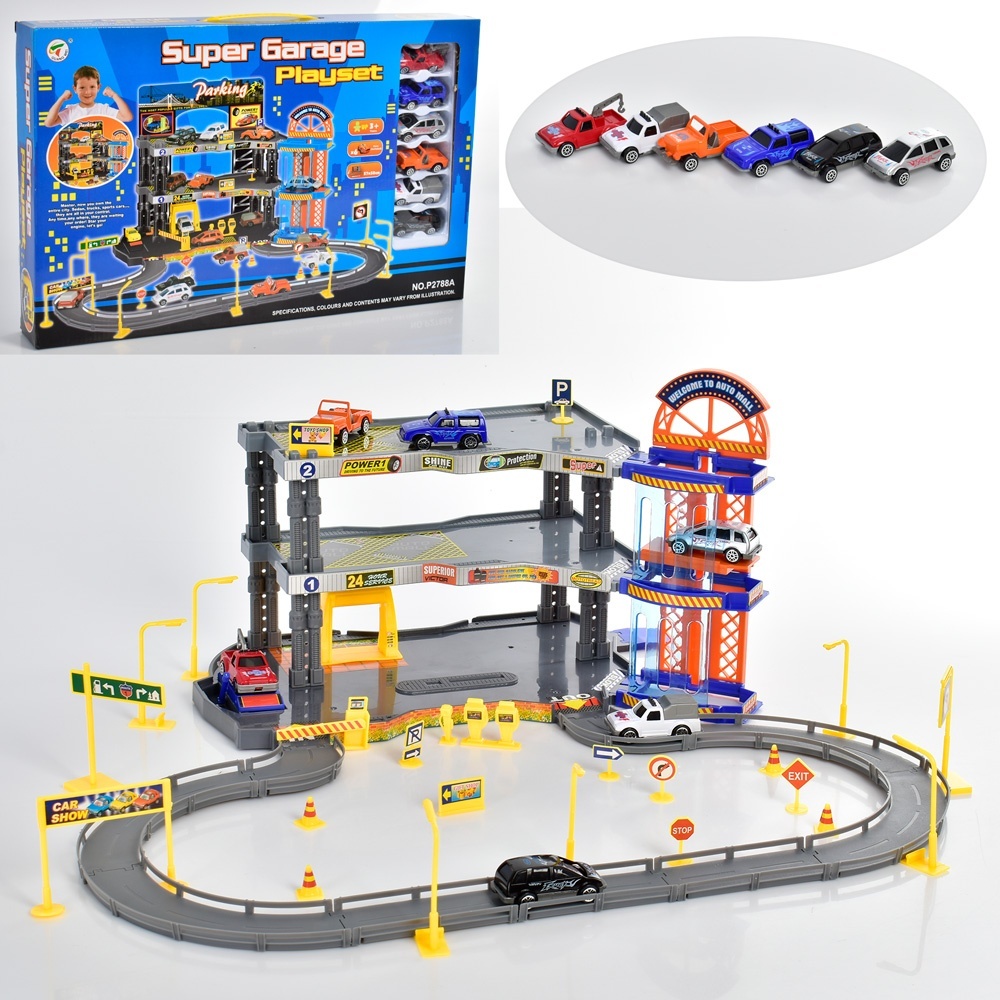 Гараж P2788A 3 поверхи, ліфт, машинки 6шт., дорожні знаки, кор., 50-32,5-6,5см.