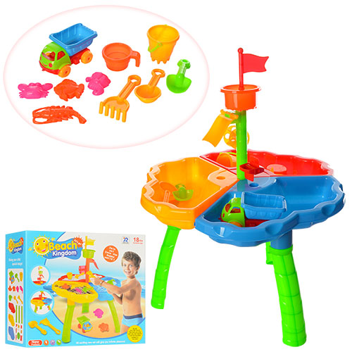 Столик-пісочниця 726-27 44,5-57,5 см, млин, машинка, лопатка, граблі, пасочки, кор., 42-38-17 см.