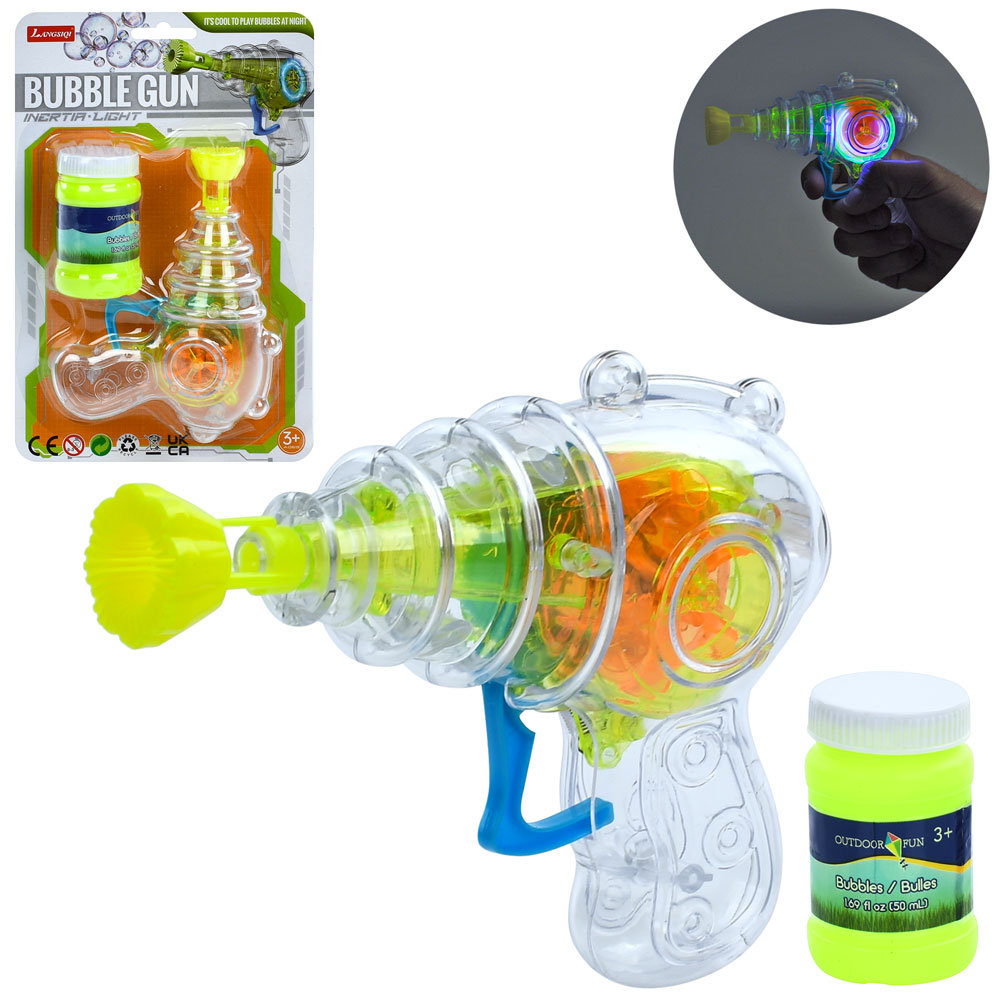 Мильні бульбашки LS7727-43 пістолет, механічний, запаска,світло, бат.(табл), лист, 15-23-5,5 см.