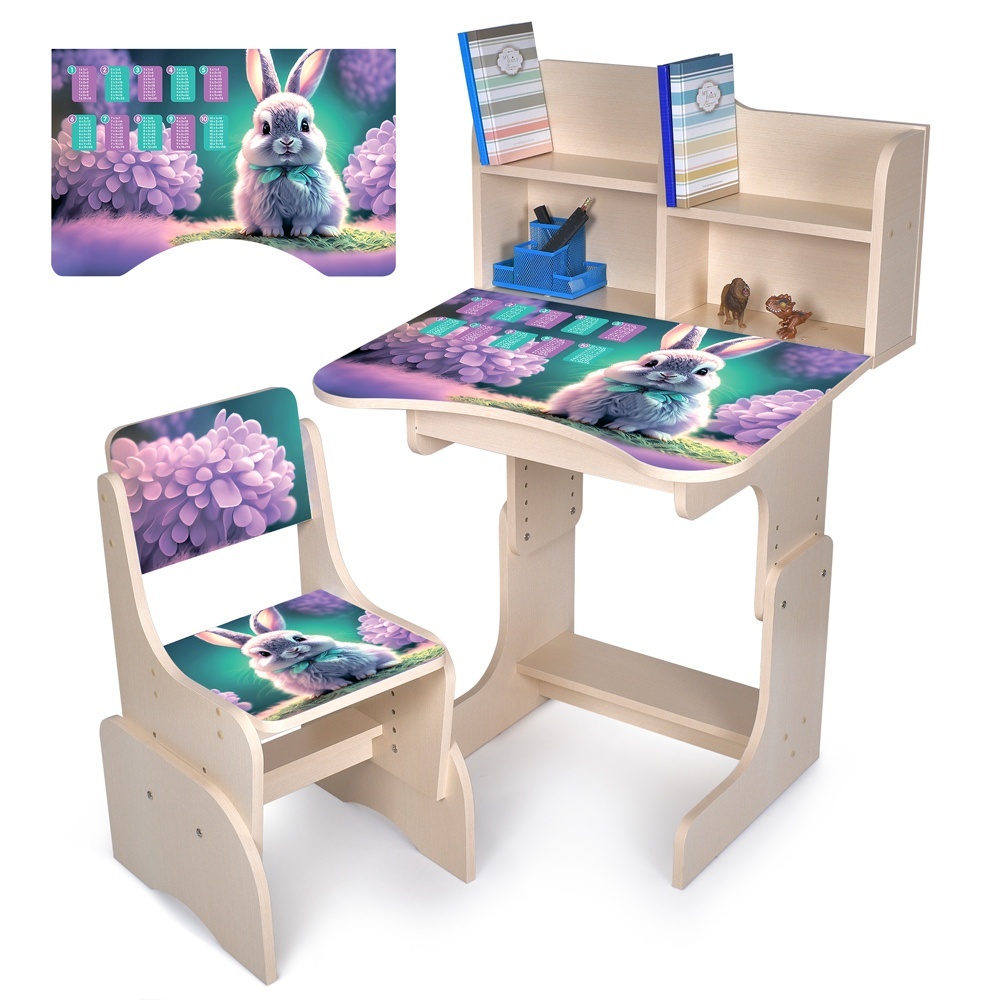 Парта N 2071-1-2 зі стільчиком, регул. висота, зайченя, таблиця множення, венге світлий.