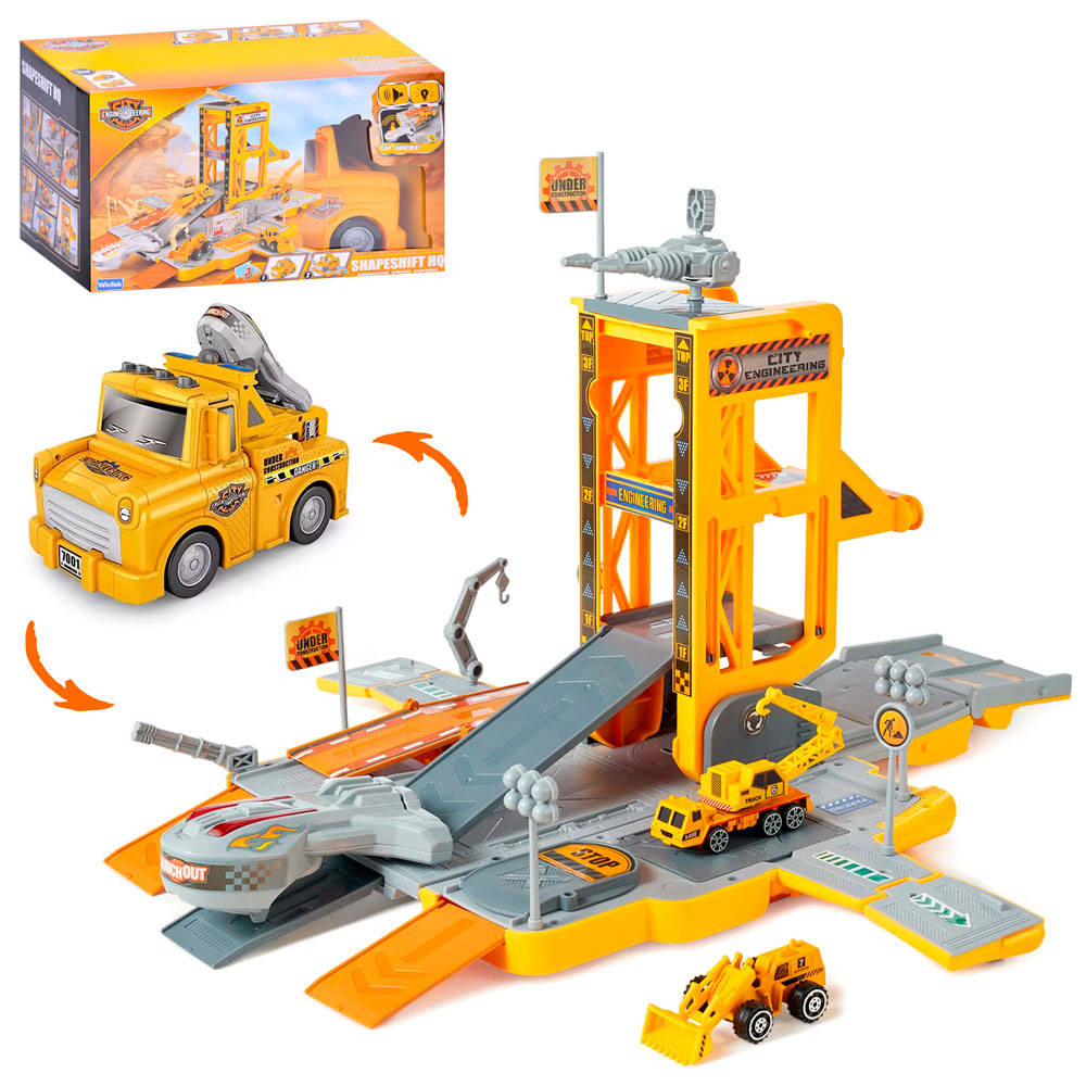 Гараж E7001 2в1(машина), будтехніка-метал 2 шт., бат.(табл), муз., світло, кор., 36,5-21,5-19 см.