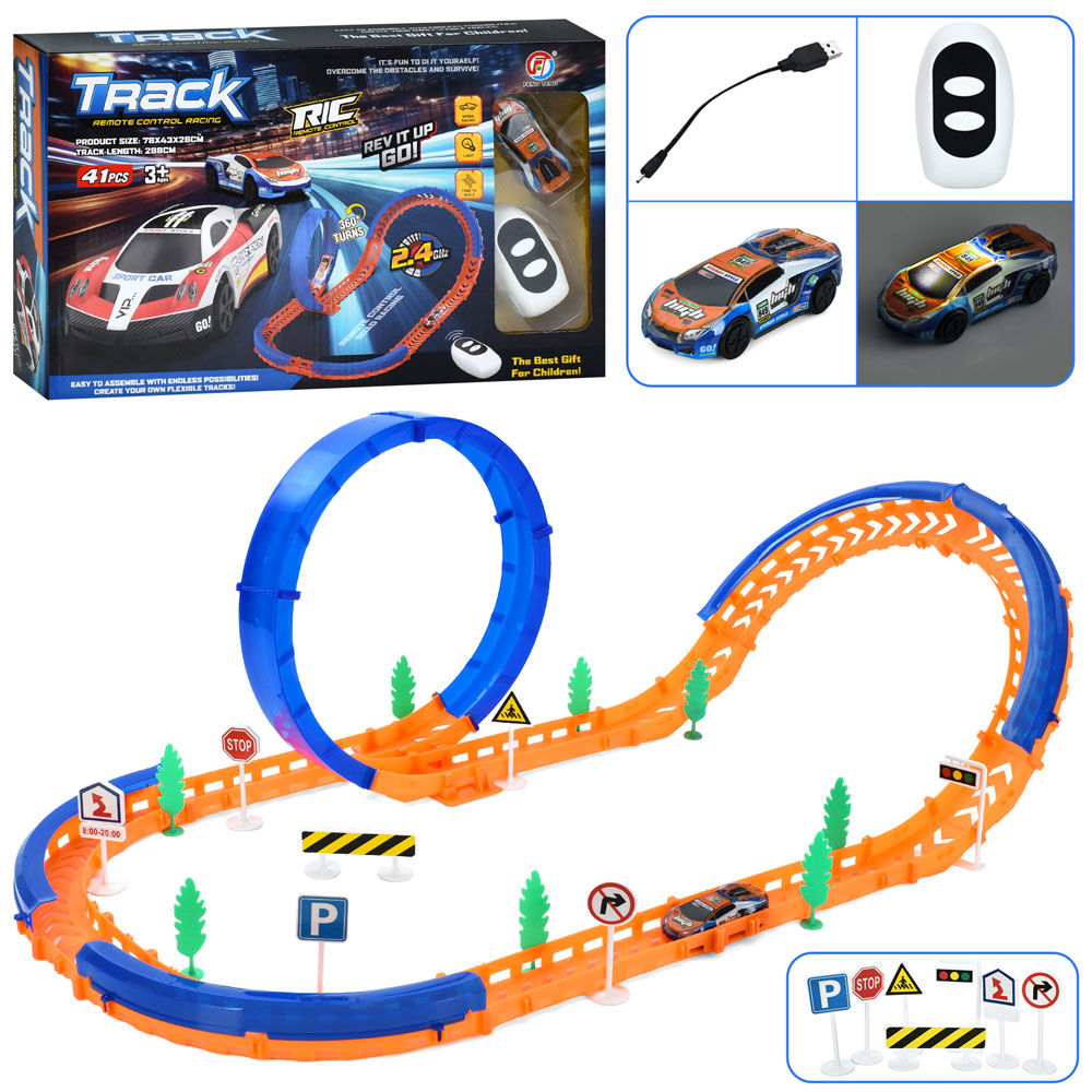 Трек FT-68 288см/78-43-26см,машина(8см,р/к2,4G,акум,USBзар.,світло),дор.знаки,41дет,в кор.,40-24-7см