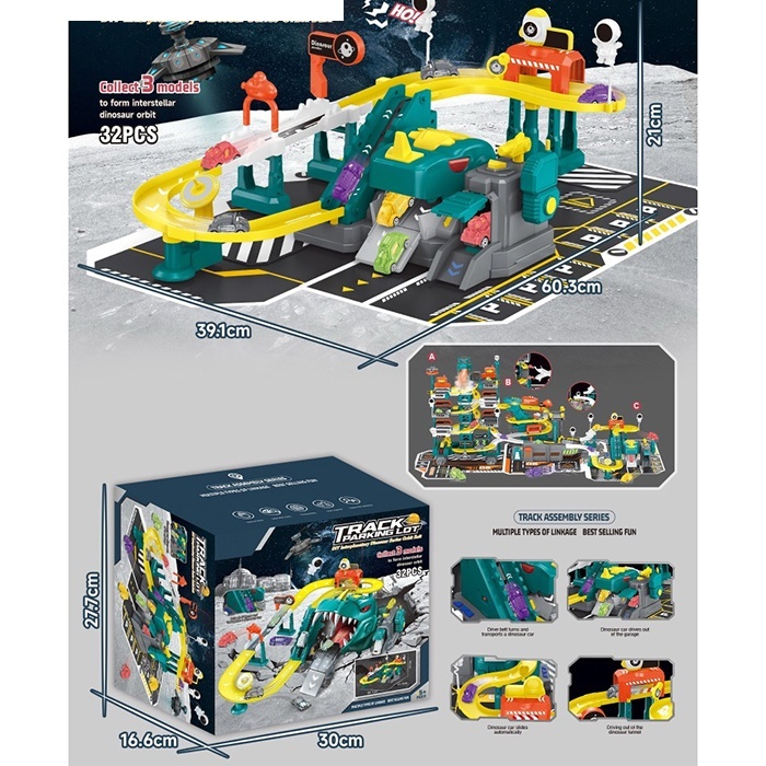 Гараж 388-590 2 поверхи, динозавр, машинка 5 шт., 32 дет., бат., кор., 30-27,5-16,5 см.