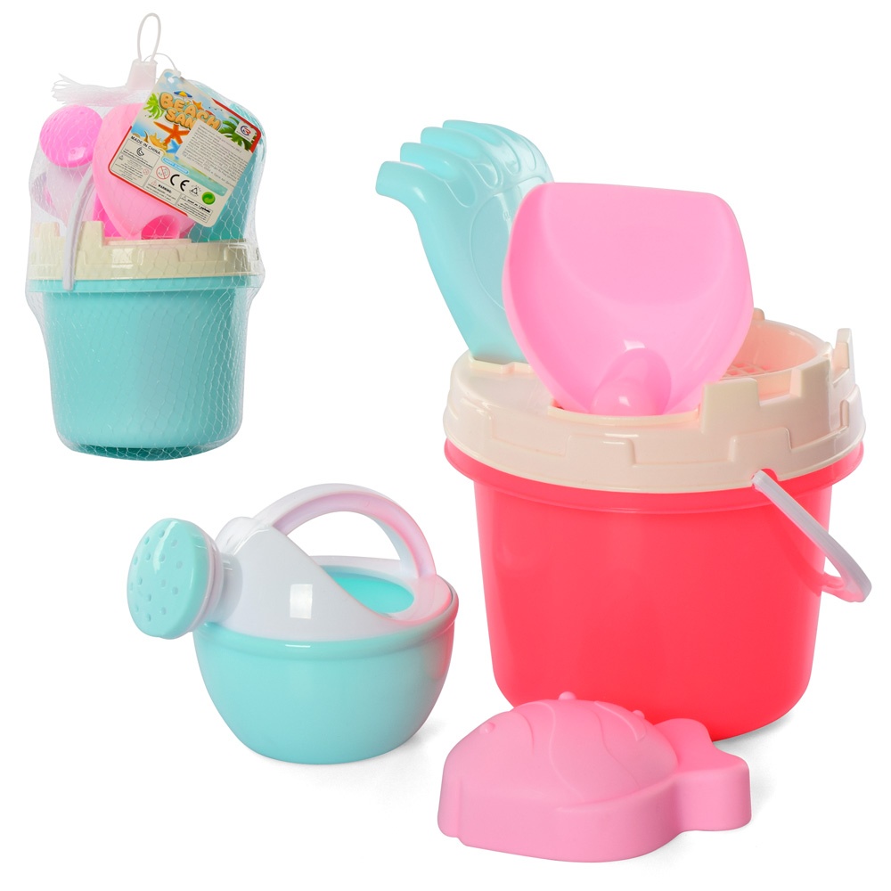 Набір для пісочниці 295-2 відро, лопатка, граблі, лійка, формочка, 2 кольори, сітка, 21-15-14 см.