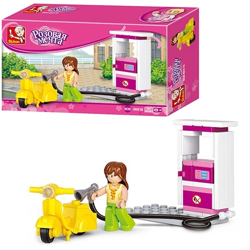 Конструктор SLUBAN M38-B0518 "Рожева мрія": заправка, фігурка, моторолер, 37 дет.16,5-9,5-4,5см