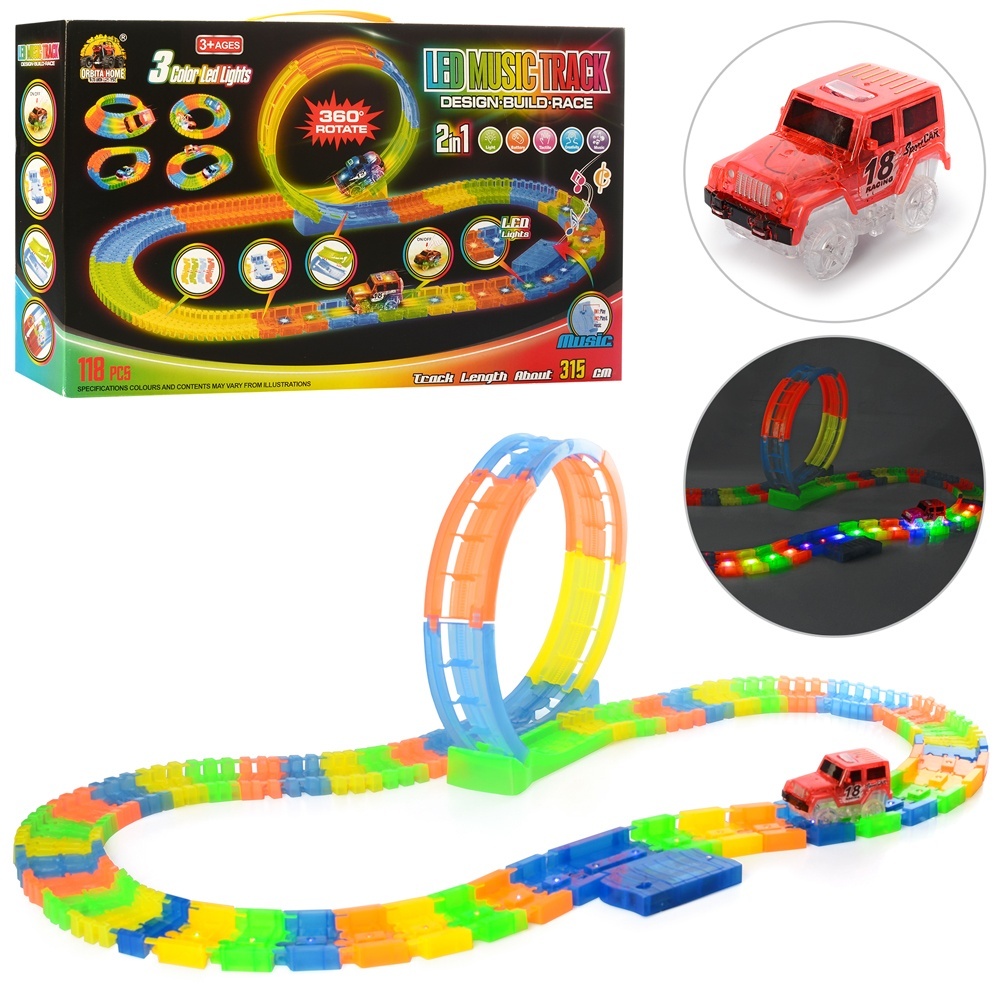 Трек GD-152A світиться в темряві,315см.,оберт.360, машинка,118дет.,муз.,світло,бат.,кор.44-27,5-7см.