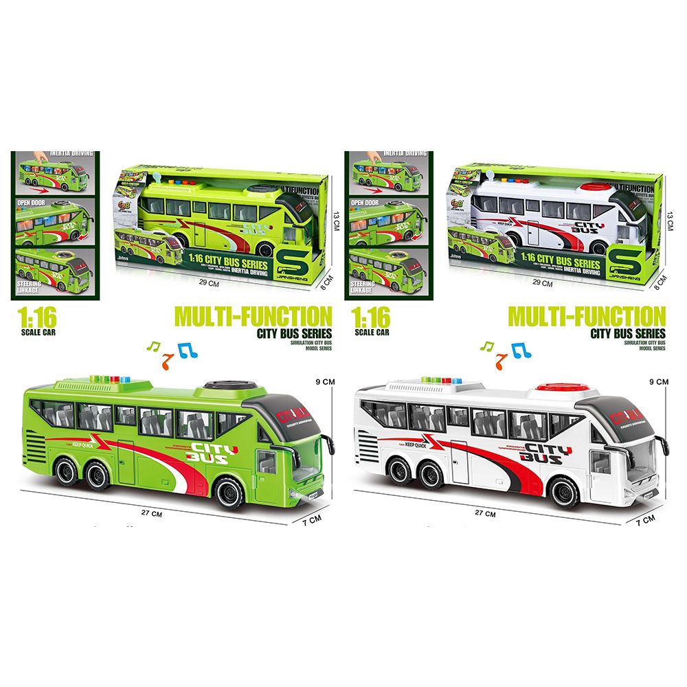 Автобус JS162-62A (18шт) інерція, 27см, 1:16, звук, світло, гумові колеса, відч.двері, 2 кольори, на бат(табл), в кор-ці, 28,5-13-8см