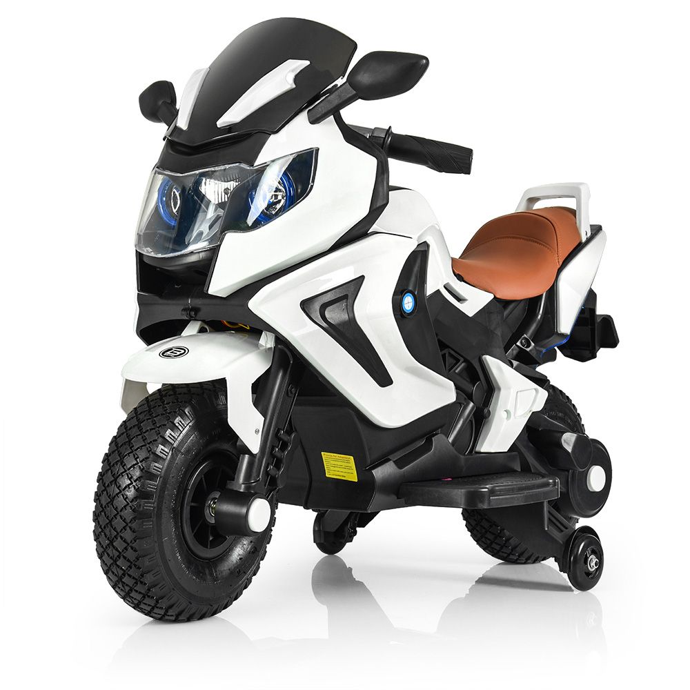 Мотоцикл M 3681AL-1 2 мот.18W, 12V7A, ручка газу, гум. колеса, USB, муз., шкір. сид., білий.