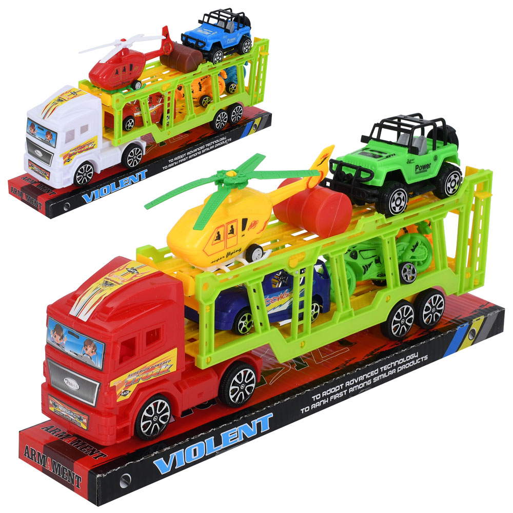 Трейлер 738-23 (36шт) інерція, 32см,вертоліт,машинка2шт,мотоцикл2ш,мікс кольорів,у слюді,345-15-7см