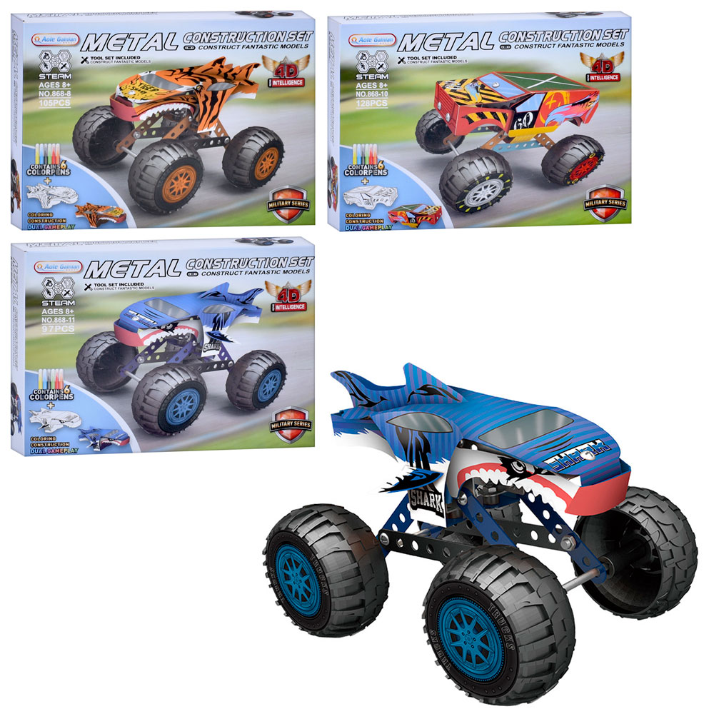 Конструктор 868-8-10-11 машина,мет.+пласт.,корпус-картон/розмальов.,фломаст.6шт,від97дет.,3види,кор.