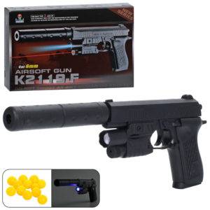 Пістолет K2119-F пластикові кулі, світло, лазер, на бат(табл), в кор-ці, 21-14,5-4см