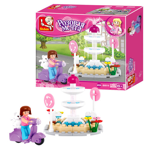Конструктор SLUBAN M38-B0519 "Рожева мрія": фонтан, моторолер, фігурка, кошеня, 79 дет.16,5-14-4,5см