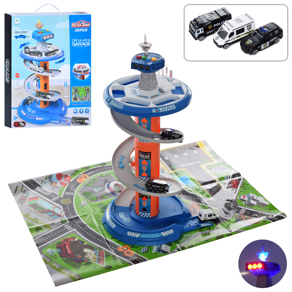 Гараж 660-A320 поліція,1:64,машин.мет.,ігр.поле,26пред.,муз.,світло,бат.(табл.),кор.,37,5-50,5-8,5см