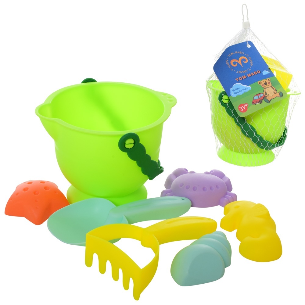Набір для пісочниці 680 відерце, лопатка, граблі, формочки, сітка, 16-16-16 см.