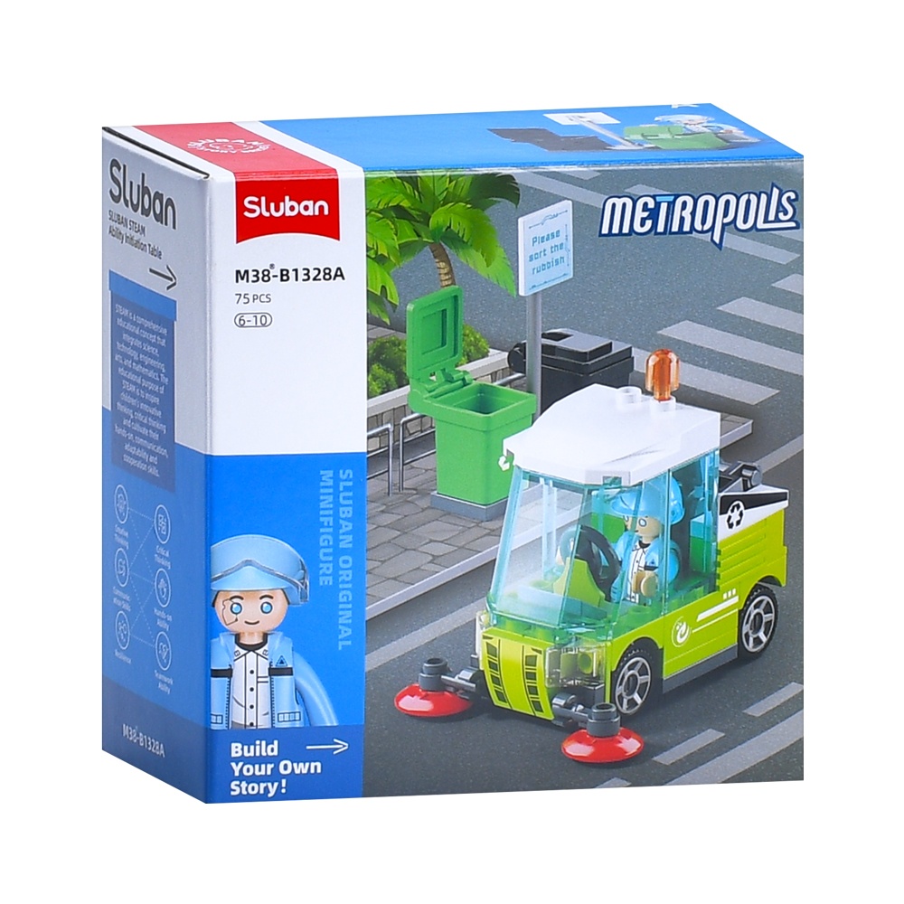 Конструктор SLUBAN M38-B1328A міська серія, спецтехніка/прибирал. машина,баки для сміття,75дет.,кор.