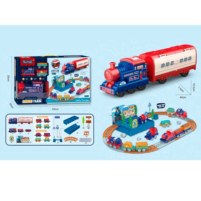 Залізниця 128-47 3 локомотива (1шт.-інерц., 1шт.-їздить), вагони 4шт., дерева, бат., кор.,42-25-10см