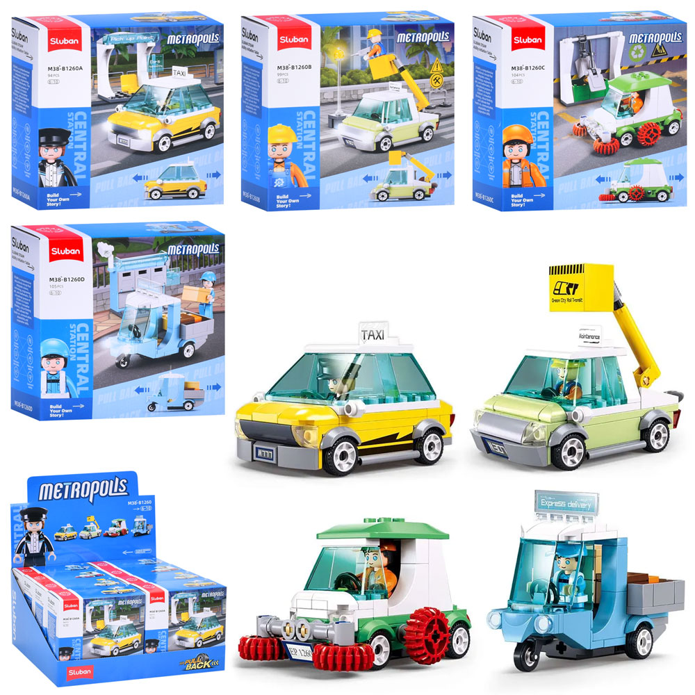 Конструктор SLUBAN M38-B1260 міська серія, транспорт, від 94дет,4 види, кор., 8шт.в диспл.,30-15-25