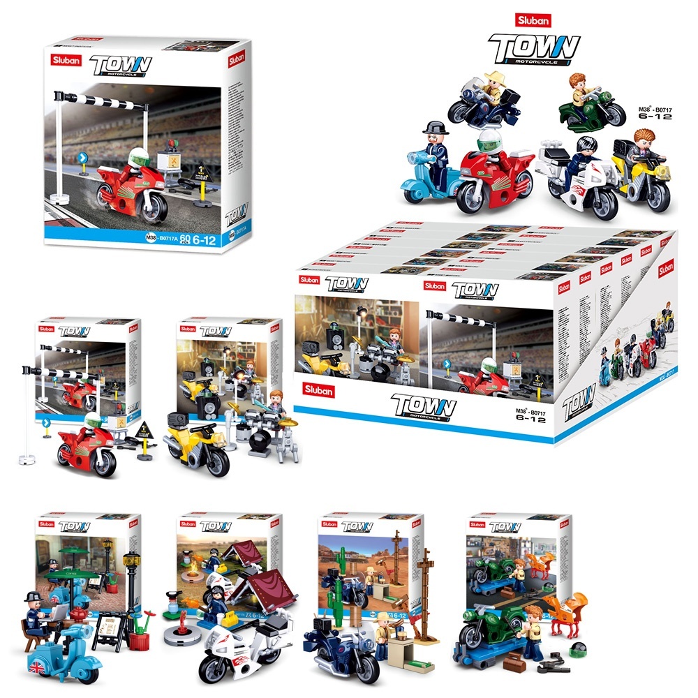 Конструктор SLUBAN M38-B0717 мотоцикл, фігурка, від 45 дет., 12 шт. (6 видів) в диспл., 30-17-29 см.