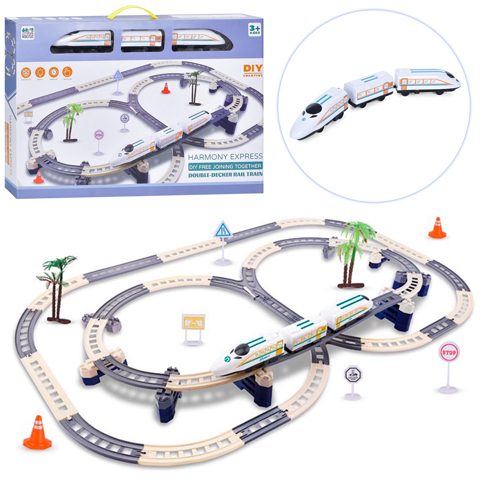Залізниця 1628-2 42 дет., локомотив, 2 вагони, знаки, дерева, бат., кор., 58-39-6,5 см.