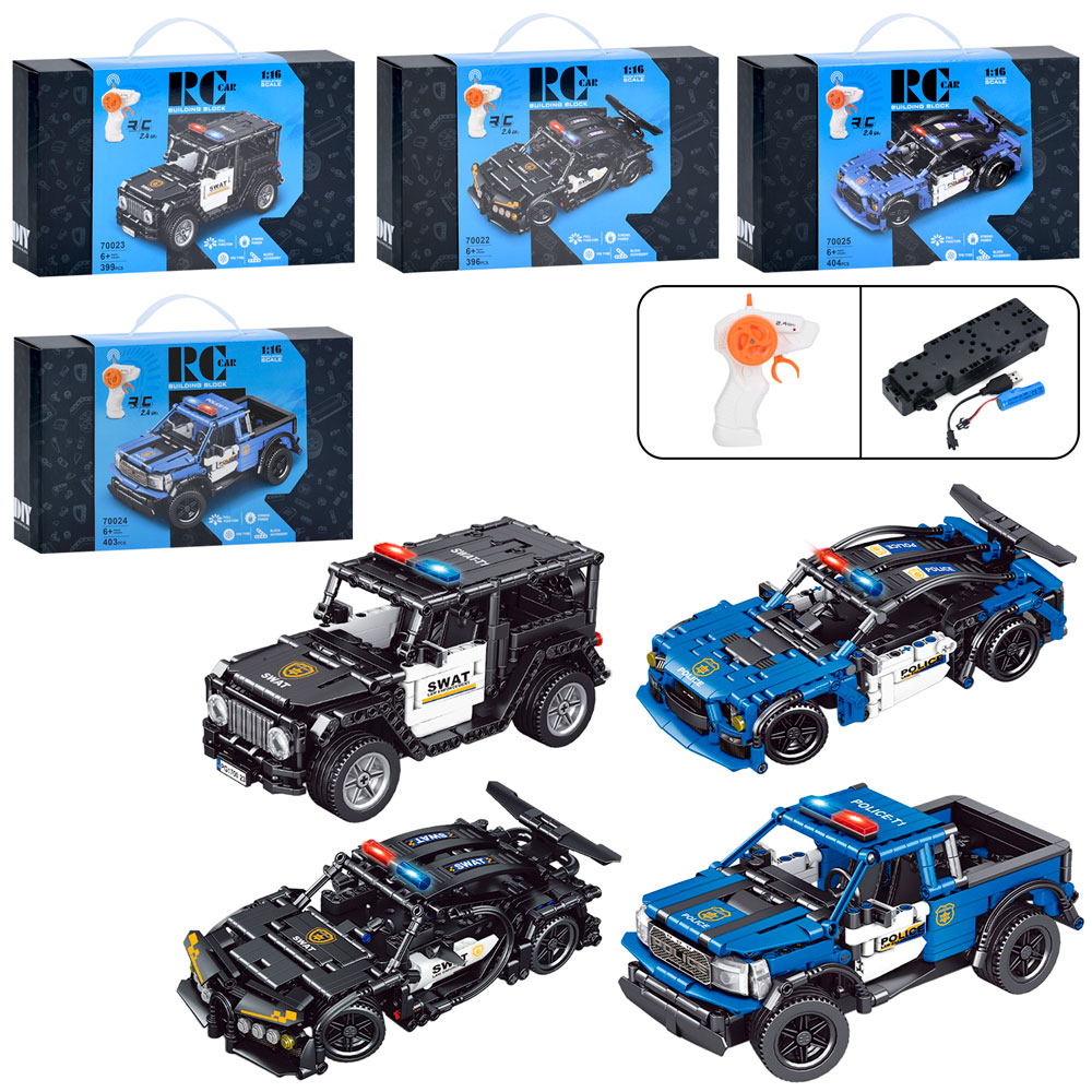 Конструктор 70022-3-4-5D радіокер.,2,4G, машина, поліція, 1:16, акум, USB, 4 види,кор.,32-19,5-7,5см