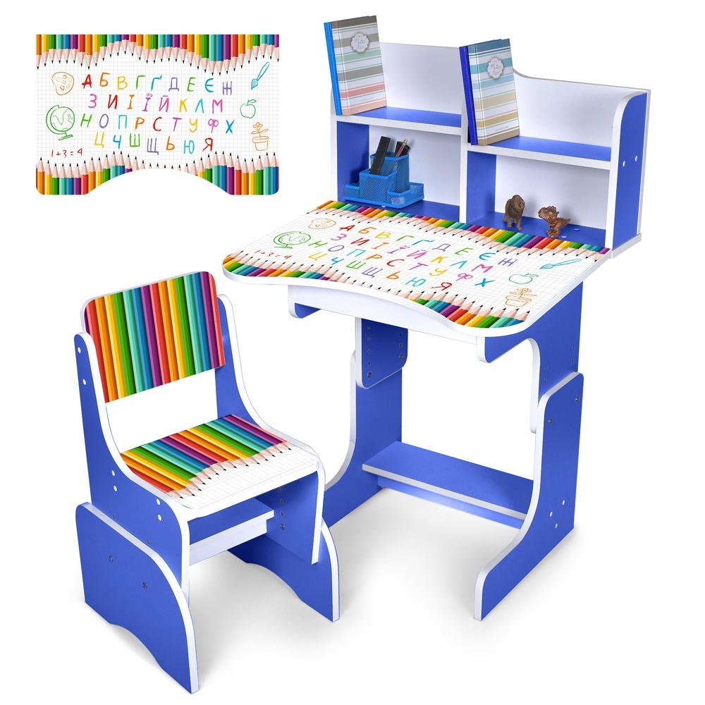 Парта N 2071-11-4 зі стільчиком, регул. висота, олівці, укр. абетка, блакитний.